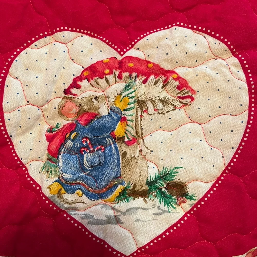 Festive Hand quilted and Decorated Red and Green Mouse Holiday Tree Skirt